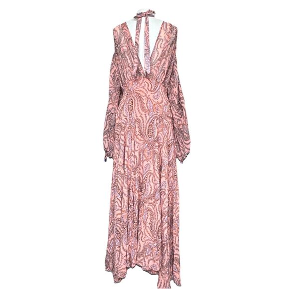Free People Mirage Long Sleeve Maxi Dress Peach Pink Paisley Size 6 Boho Hippie - Picture 5 of 13
